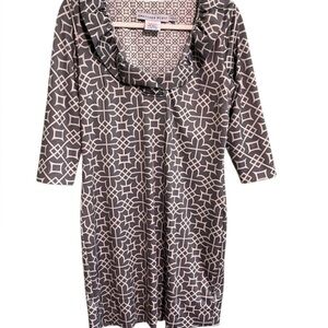 GRETCHEN SCOTT Silver Gray White Geometrical Print Ruffle Collar Dress S…